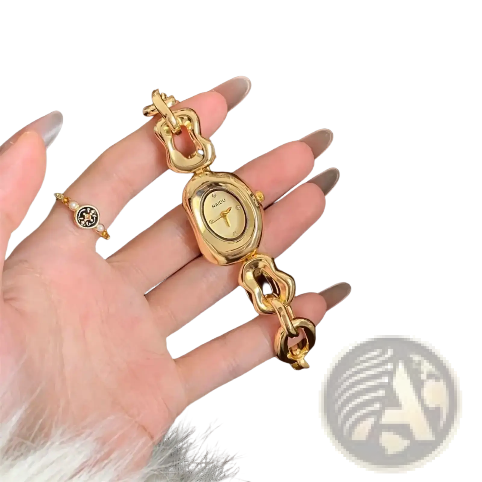 Gold chain link vintage wristwatch with an oval face and chunky gold-toned interlocking chain bracelet