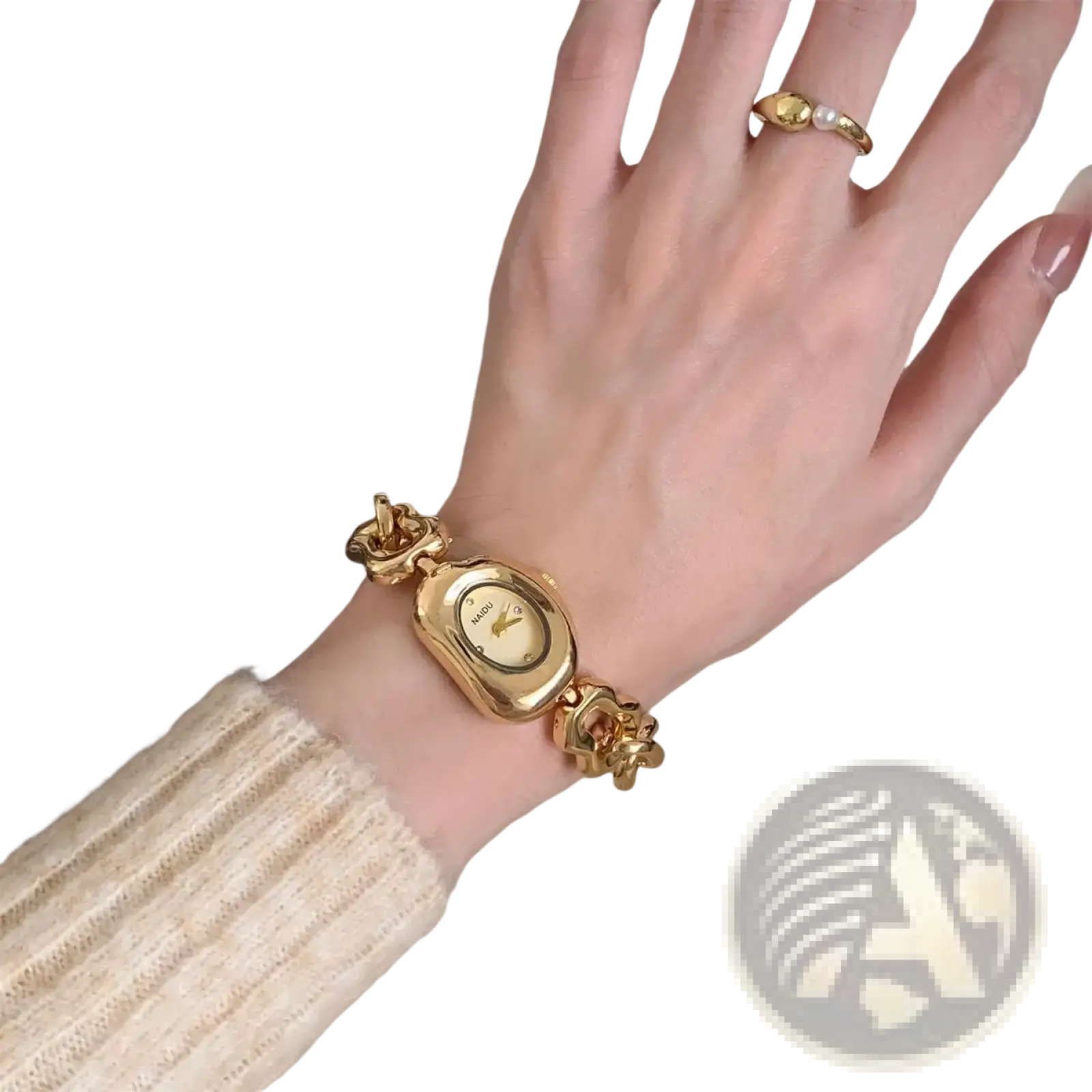 Gold chain link vintage wristwatch with gold-toned rectangular face and ornate chain-link bracelet