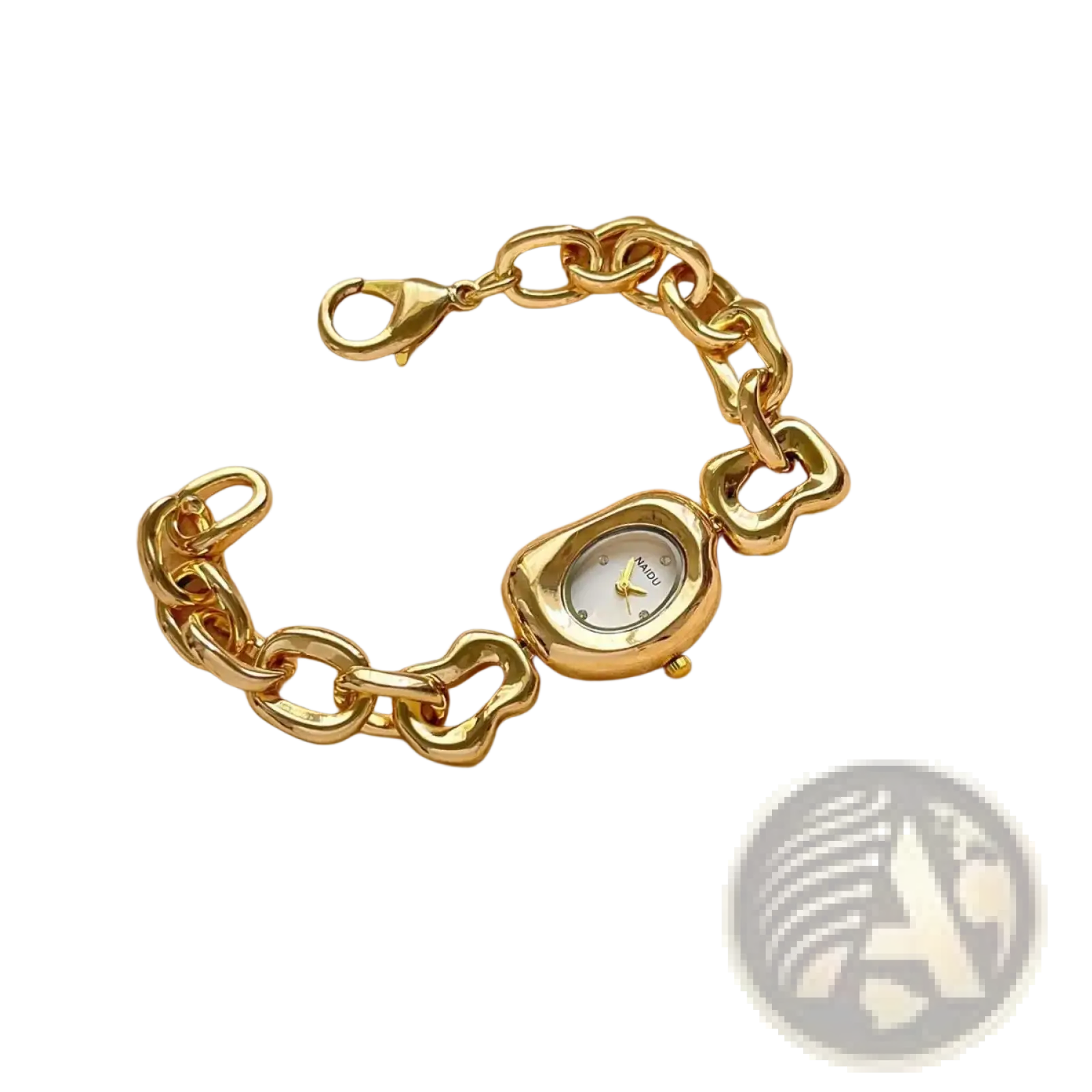 Gold chain link vintage wristwatch featuring a gold-toned chunky chain bracelet with an oval face