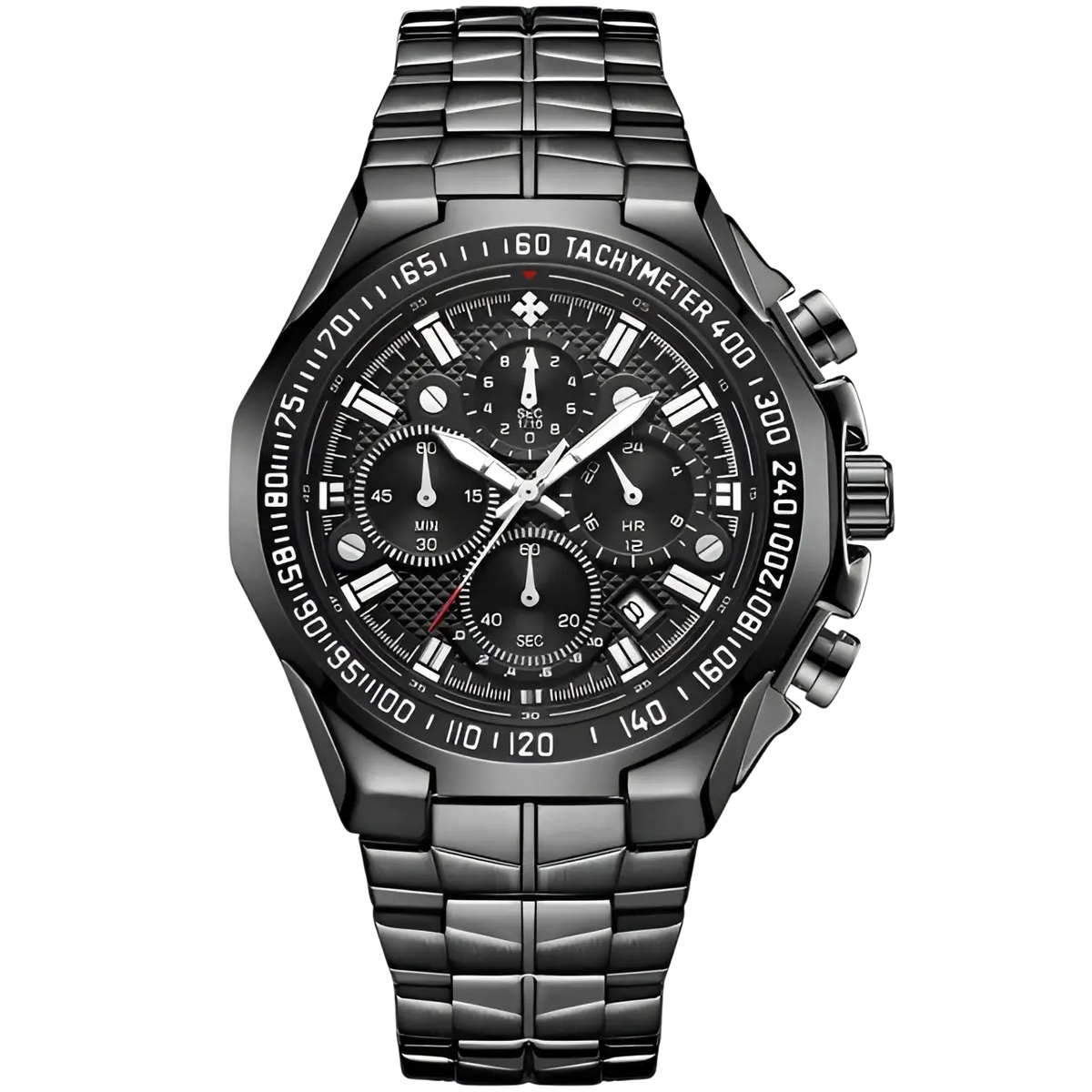 Black stainless steel wwoor chronograph watch with textured dial and three subdials for luxury timekeeping