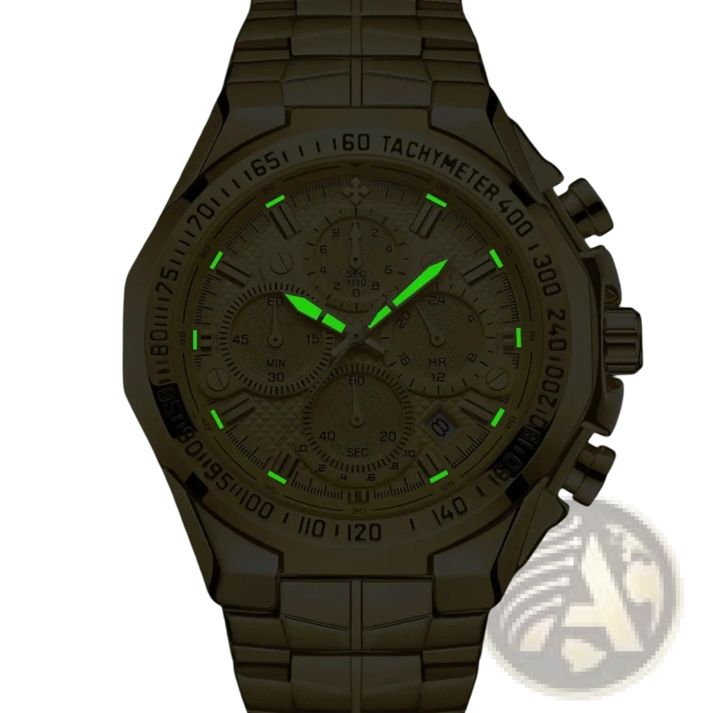 A metallic gold chronograph watch for men with textured bezel, multiple subdials, and glowing green hands and markers