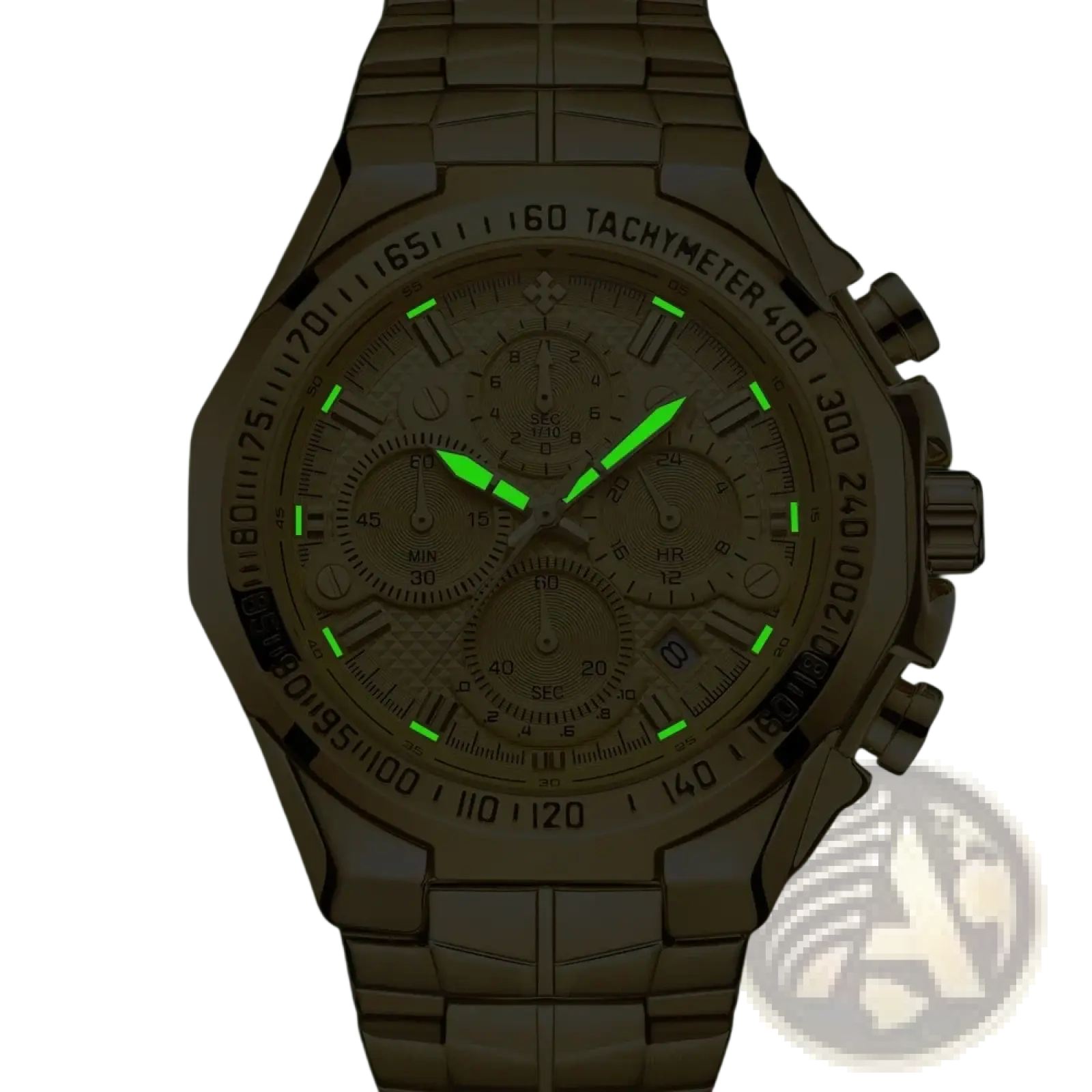 A metallic gold chronograph watch for men with textured bezel, multiple subdials, and glowing green hands and markers