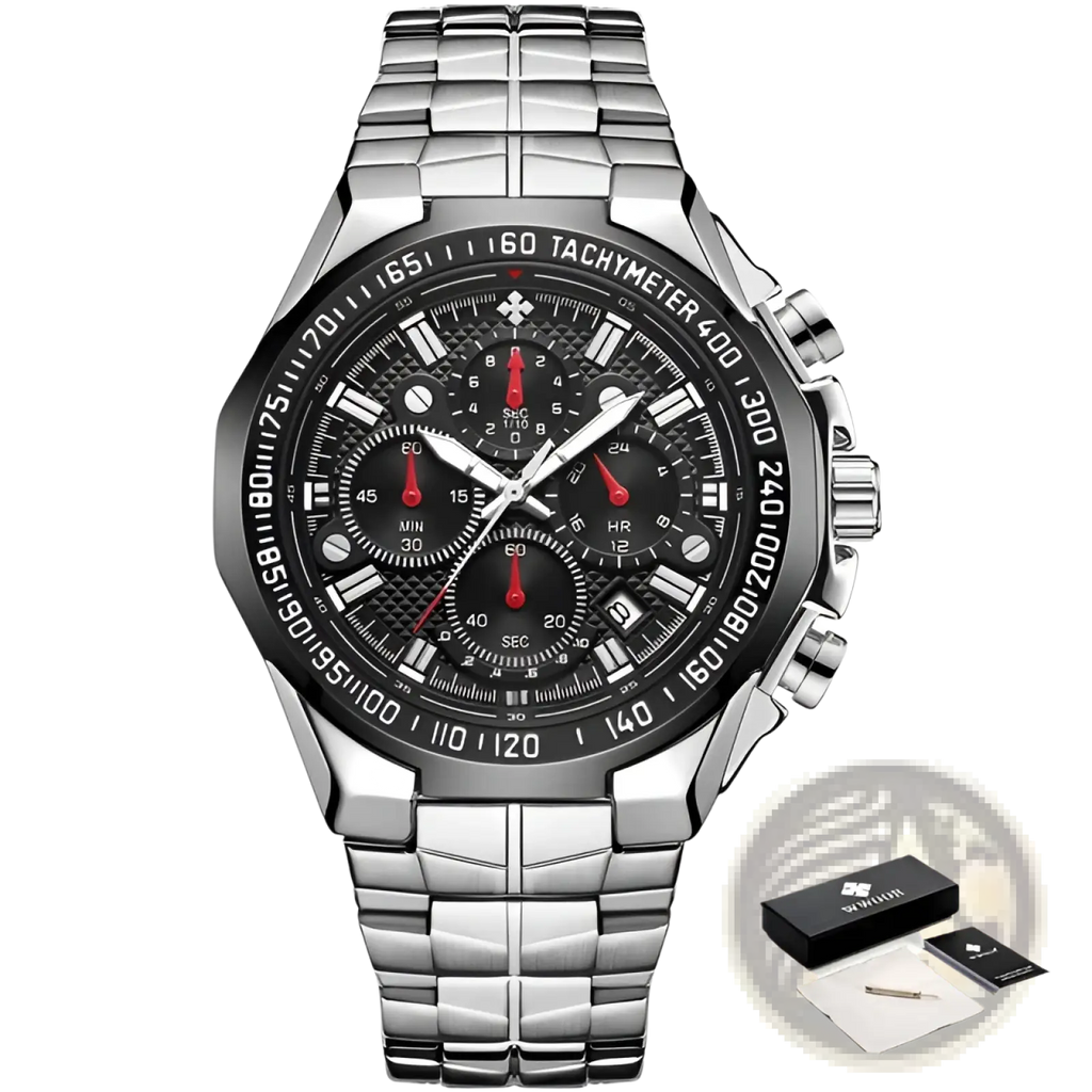 Gold chronograph watch for men luxury quartz timepiece stainless steel with black dial red accents and textured bezel
