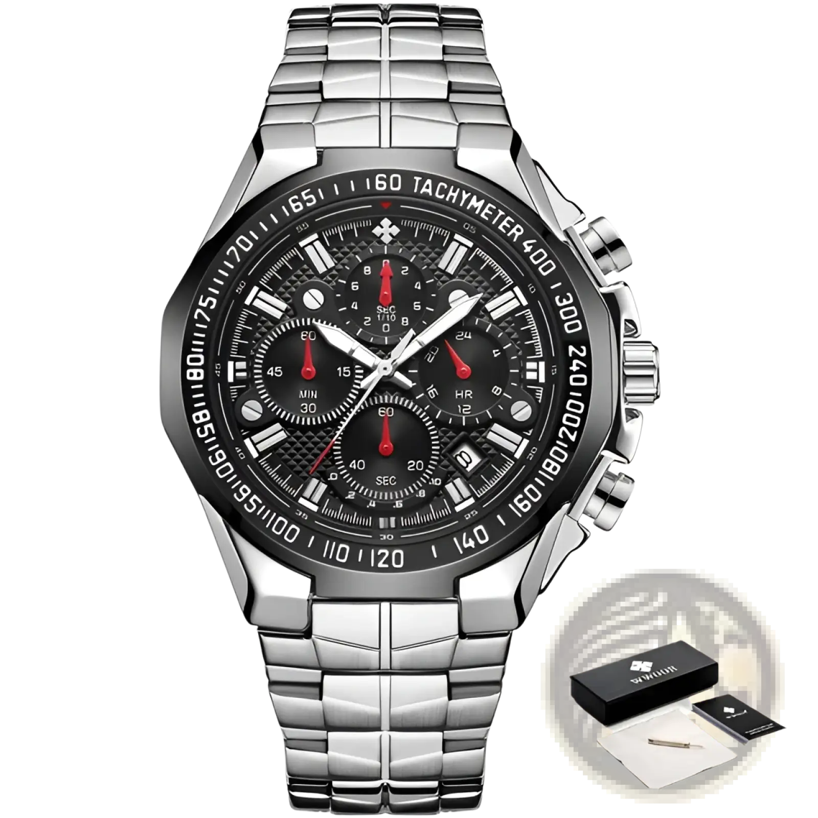 Gold chronograph watch for men luxury quartz timepiece stainless steel with black dial red accents and textured bezel