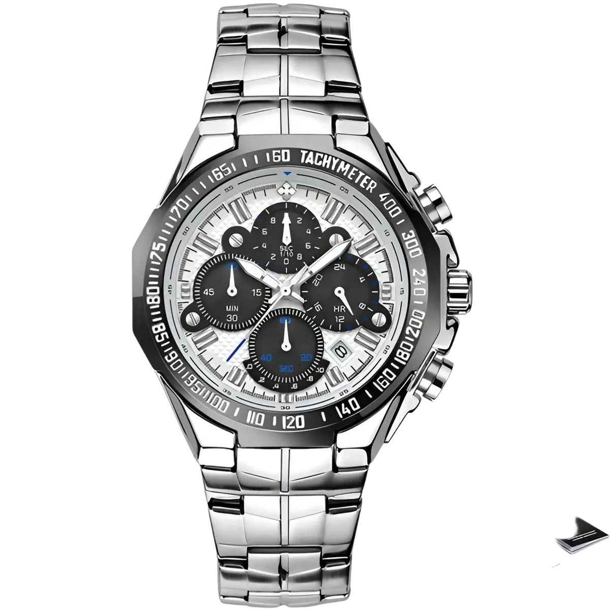 Silver-toned WWOOR chronograph watch for men with stainless steel bracelet and black subdials on white face