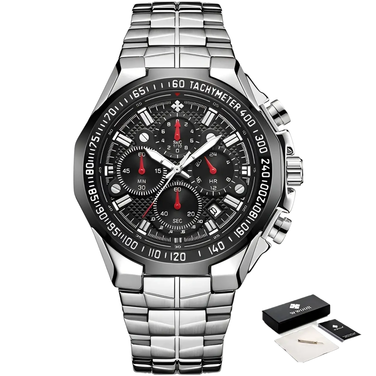 Gold chronograph watch for men luxury quartz timepiece stainless steel with black dial red accents and textured bezel