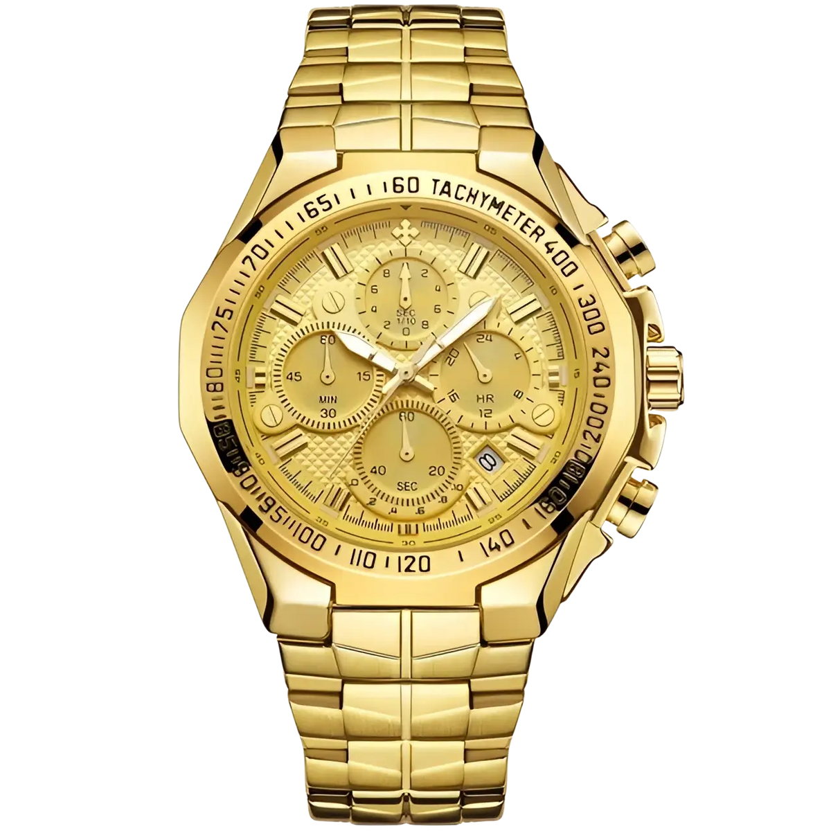 Gold chronograph watch for men featuring a gold-tone stainless steel case, textured dial, sub-dials, and tachymeter bezel
