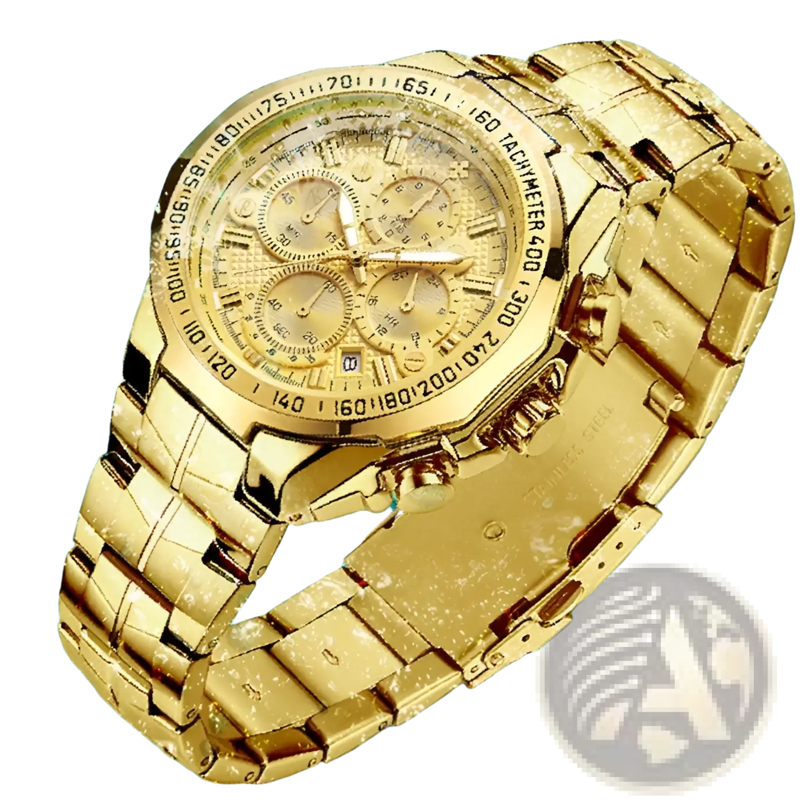 Gold-tone stainless steel chronograph watch for men with multi-dial face and bold angular links luxury quartz timepiece
