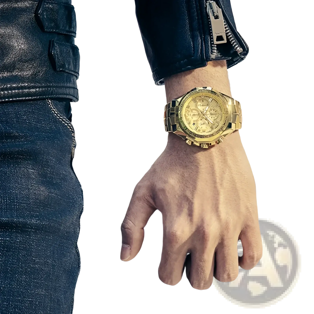 Gold-tone stainless steel chronograph watch for men with detailed dial and multiple subdials luxury quartz timepiece