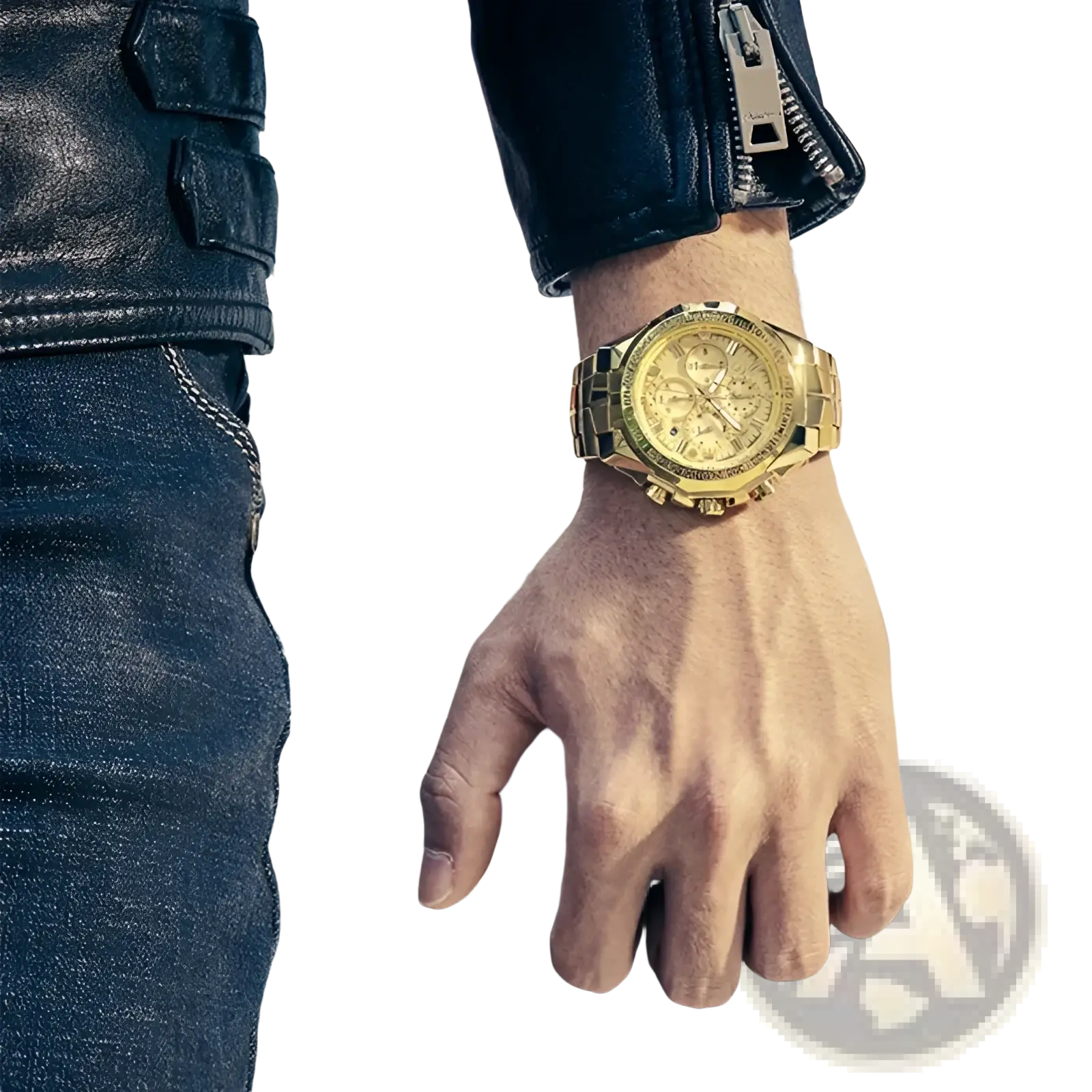 Gold-tone stainless steel chronograph watch for men with detailed dial and multiple subdials luxury quartz timepiece