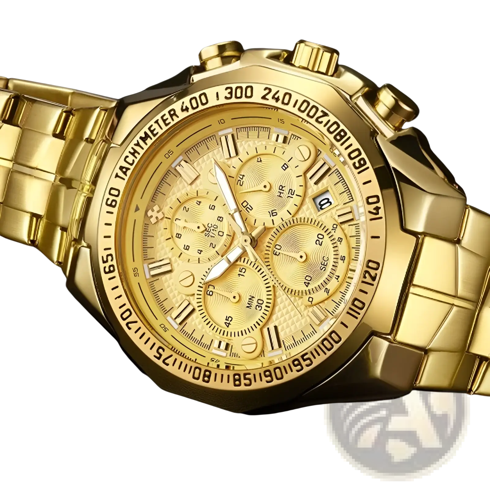 Gold-tone stainless steel chronograph watch for men with textured dial, roman numerals, three subdials, and tachymeter bezel