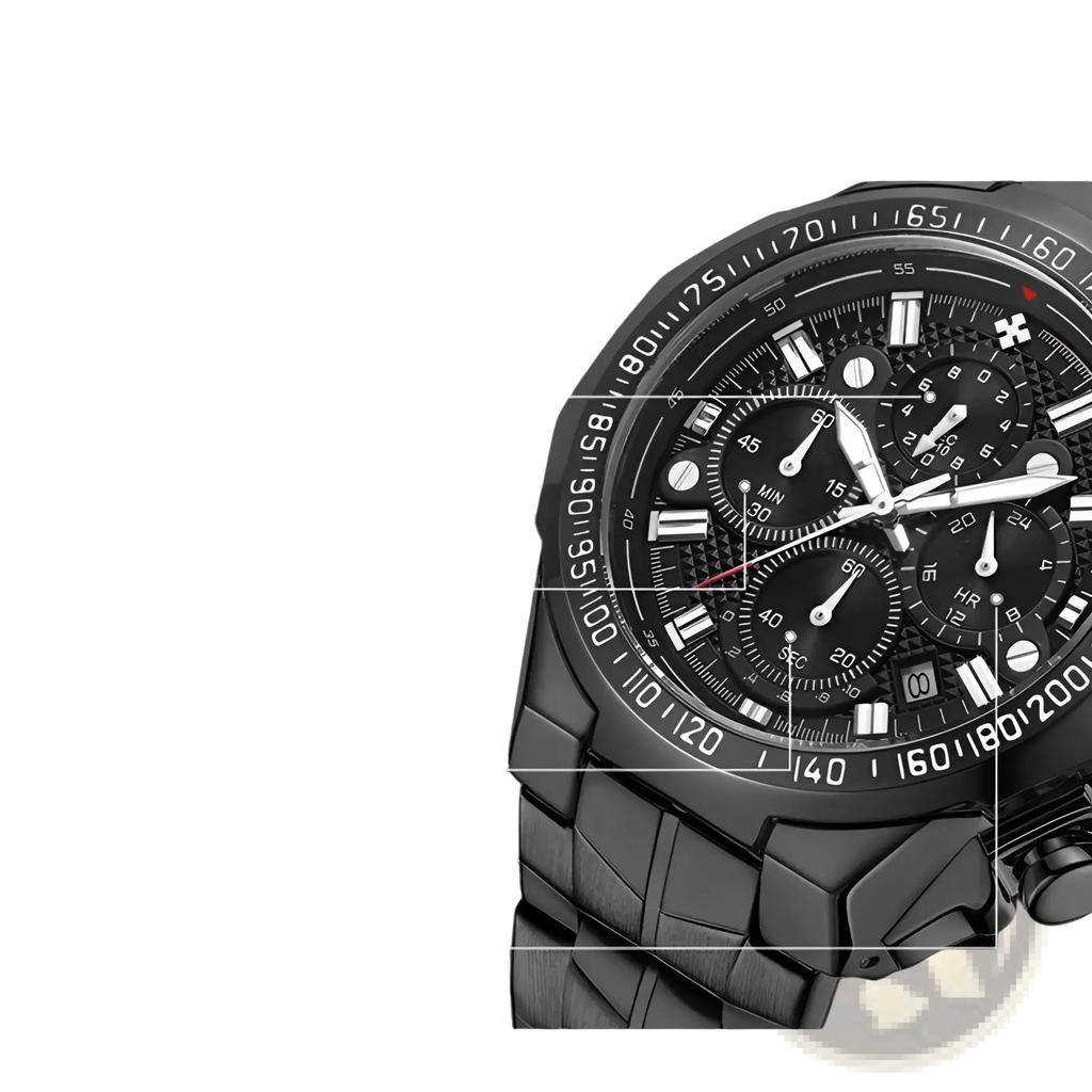 Black ceramic chronograph watch with multiple small dials and textured bezel in a gold luxury stainless steel timepiece