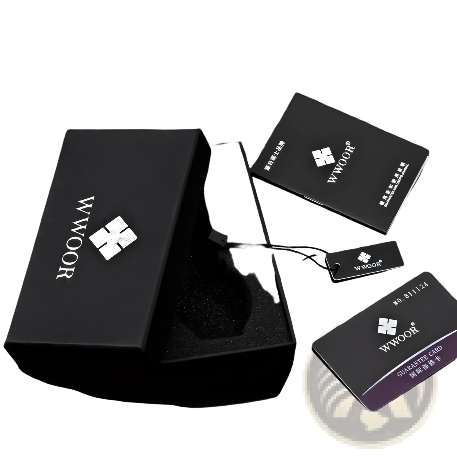 Black wwooor branded gift box with white logo open to reveal interior foam lining for gold chronograph stainless steel watch