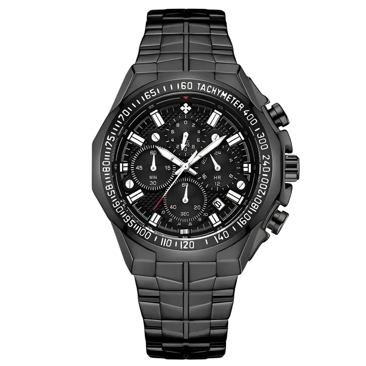 Black chronograph watch for men with a sleek textured stainless steel bracelet and bold white dial markings