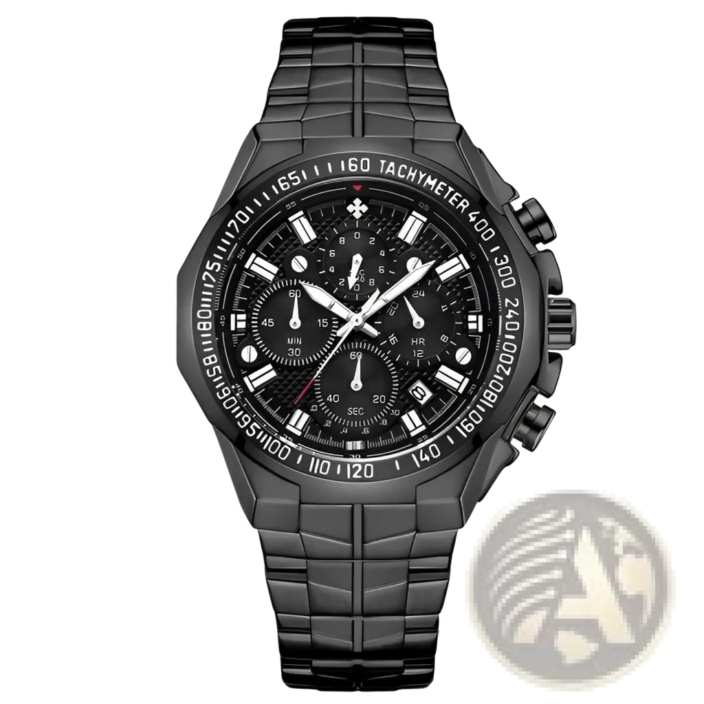 Black chronograph watch for men with a sleek textured stainless steel bracelet and bold white dial markings