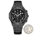 Black chronograph watch for men with a sleek textured stainless steel bracelet and bold white dial markings