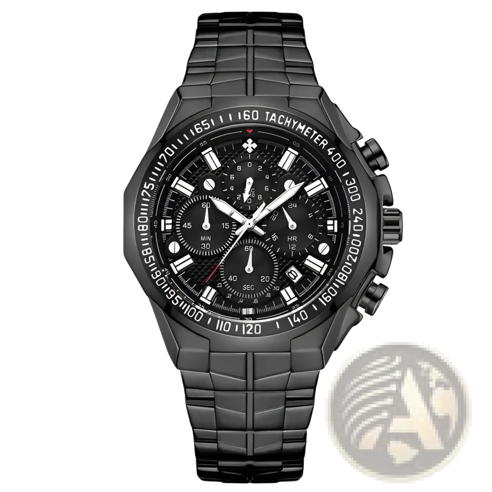 Black chronograph watch for men with a sleek textured stainless steel bracelet and bold white dial markings