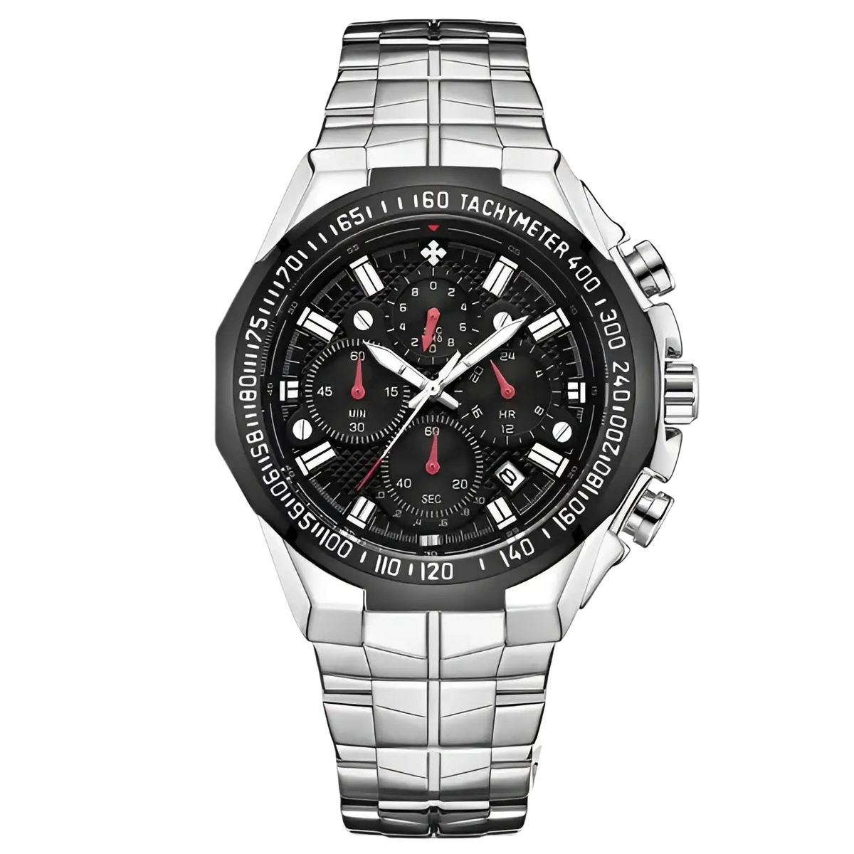 Silver-toned stainless steel chronograph watch for men with black dial, red accents, and textured tachymeter bezel