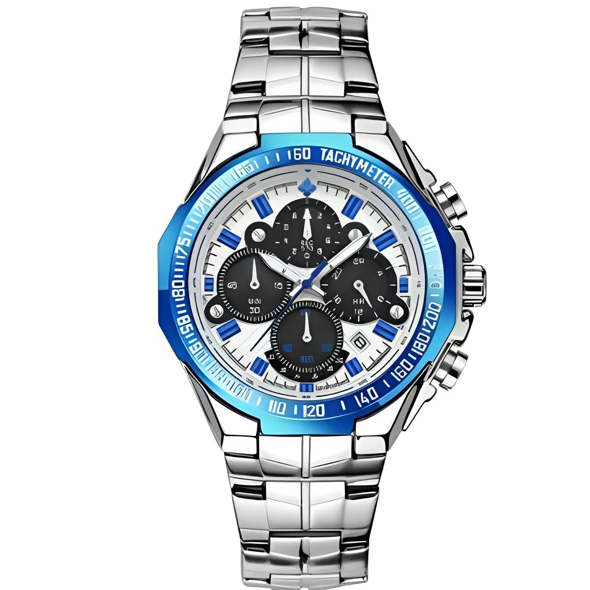 Gold chronograph watch men stainless steel luxury timepiece with silver tone case blue tachymeter bezel and black subdials