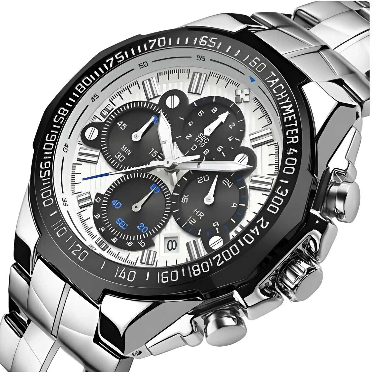 Gold chronograph watch for men stainless steel luxury timepiece with silver tone, black and white dial, blue accents, and tachymeter