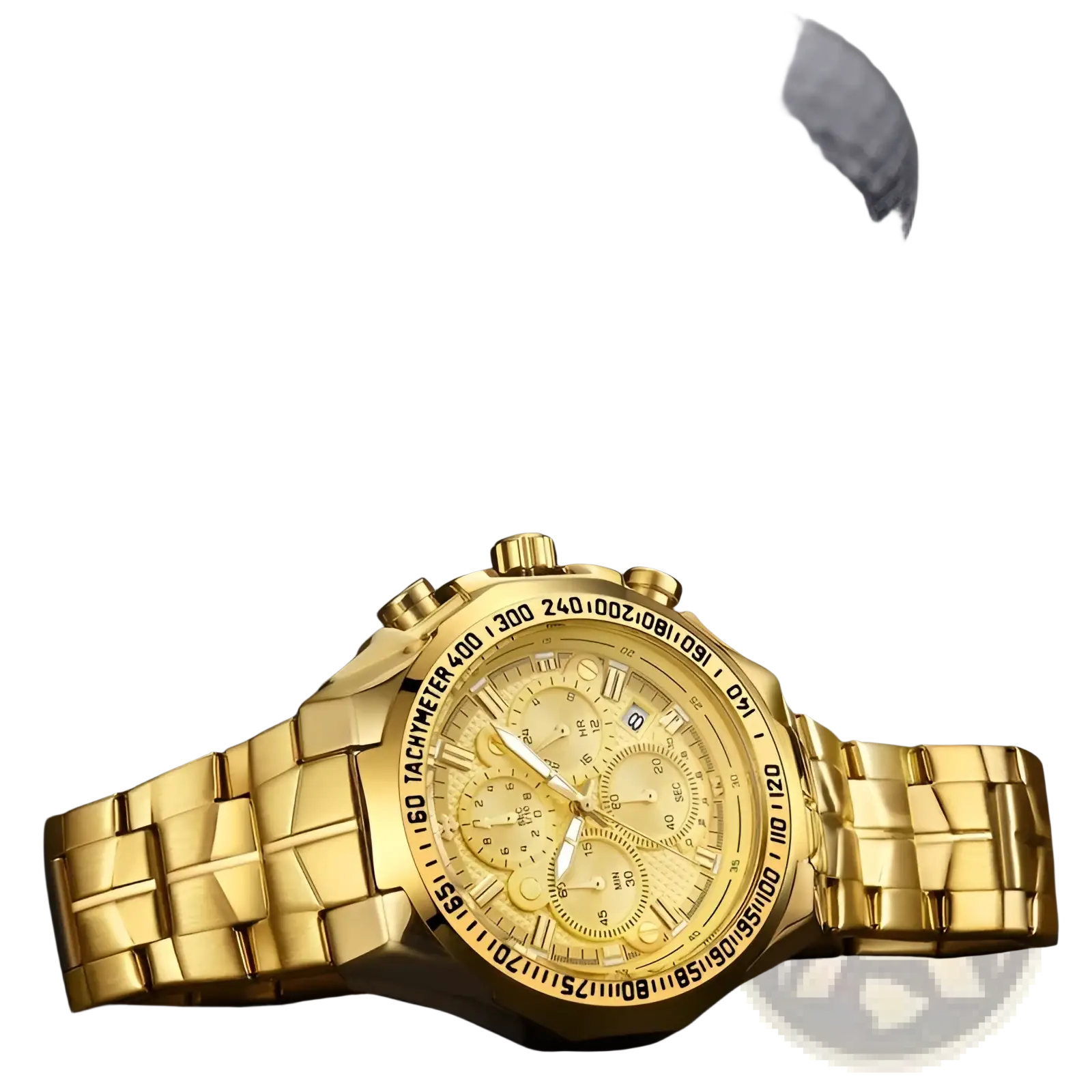 Gold-tone chronograph watch for men with textured stainless steel bracelet and multiple subdials on the face