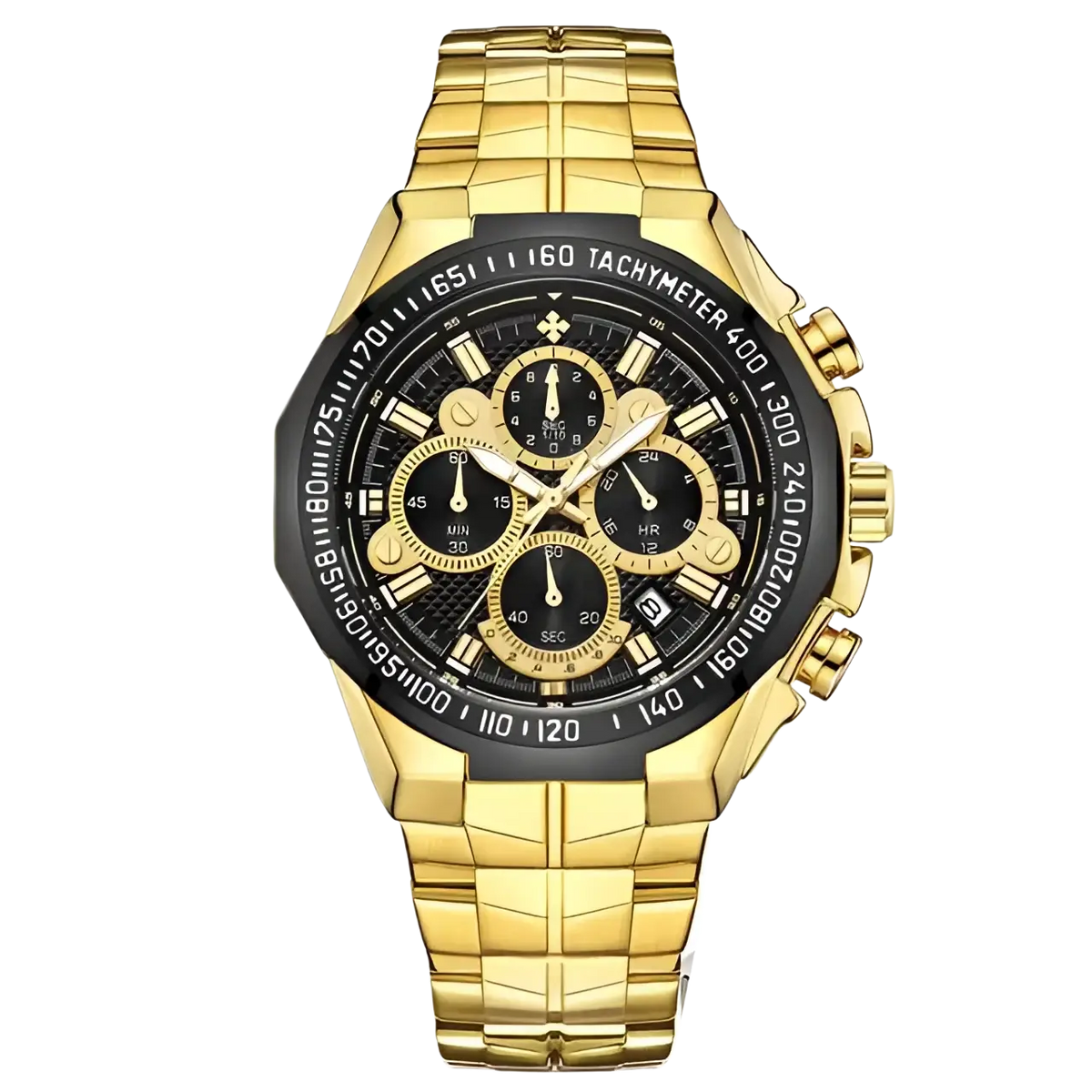 Gold-tone stainless steel chronograph watch for men with black dial, three subdials, and tachymeter bezel