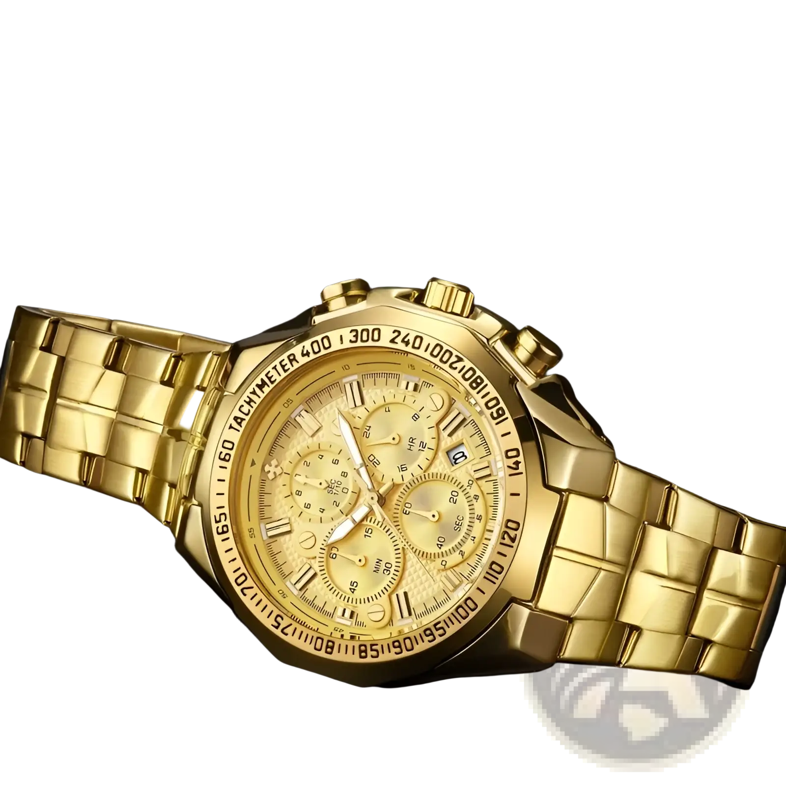 Gold chronograph watch for men with gold-tone stainless steel link bracelet and textured dial with three subdials