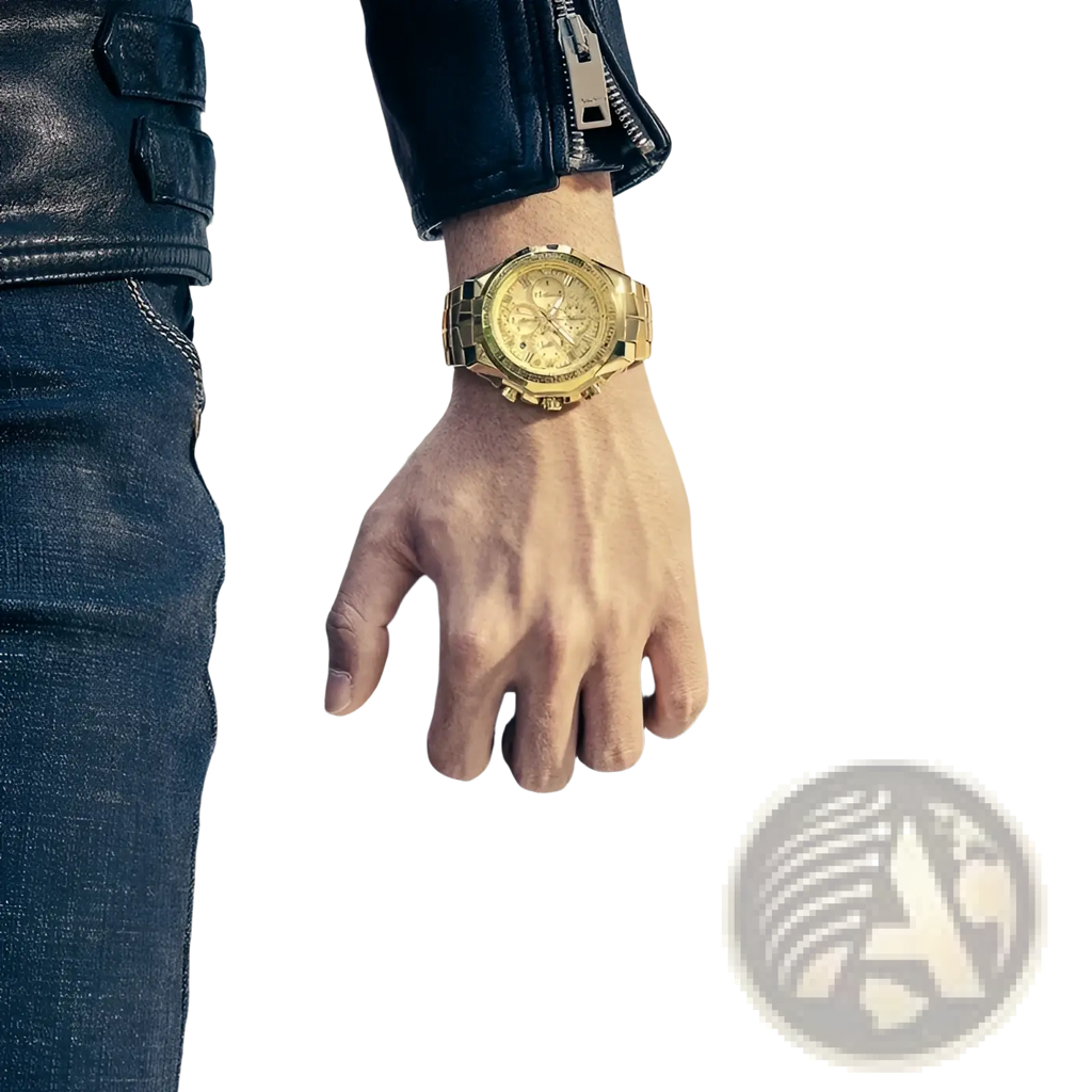 Gold-tone chronograph watch for men with a stainless steel bracelet and multiple subdials on the face