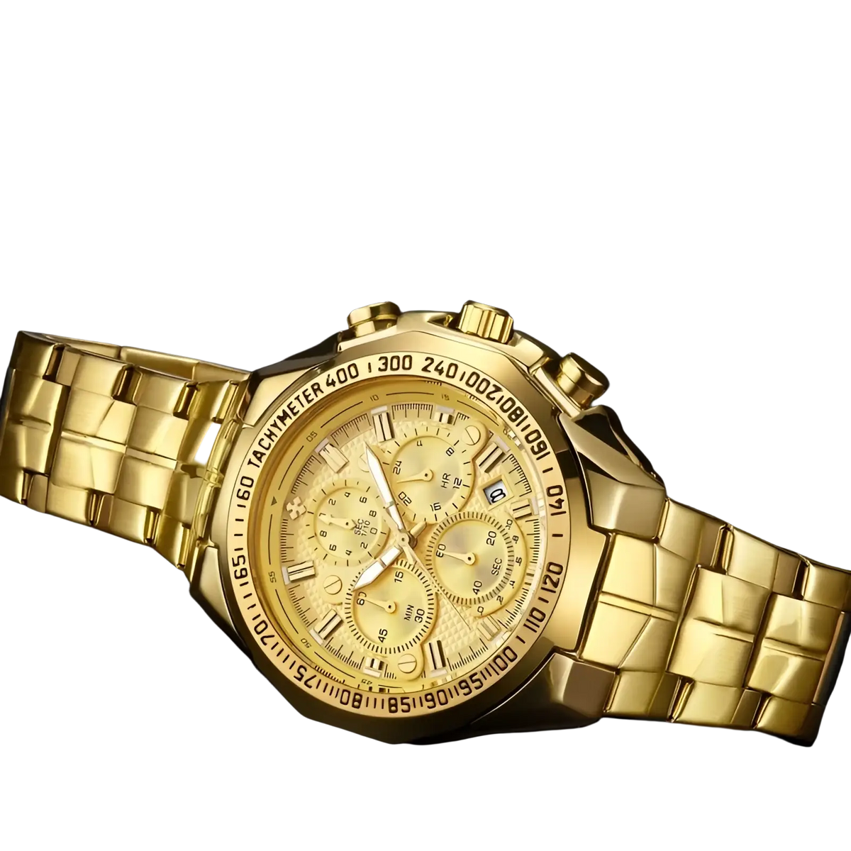 Gold chronograph watch men stainless steel luxury timepiece with gold tone, textured dial, three subdials, and link bracelet