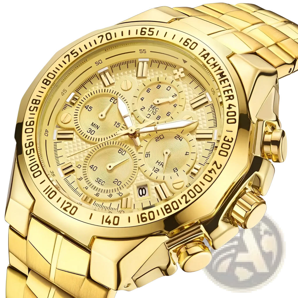 Gold chronograph watch men stainless steel luxury timepiece with gold-tone case textured dial three subdials tachymeter bezel