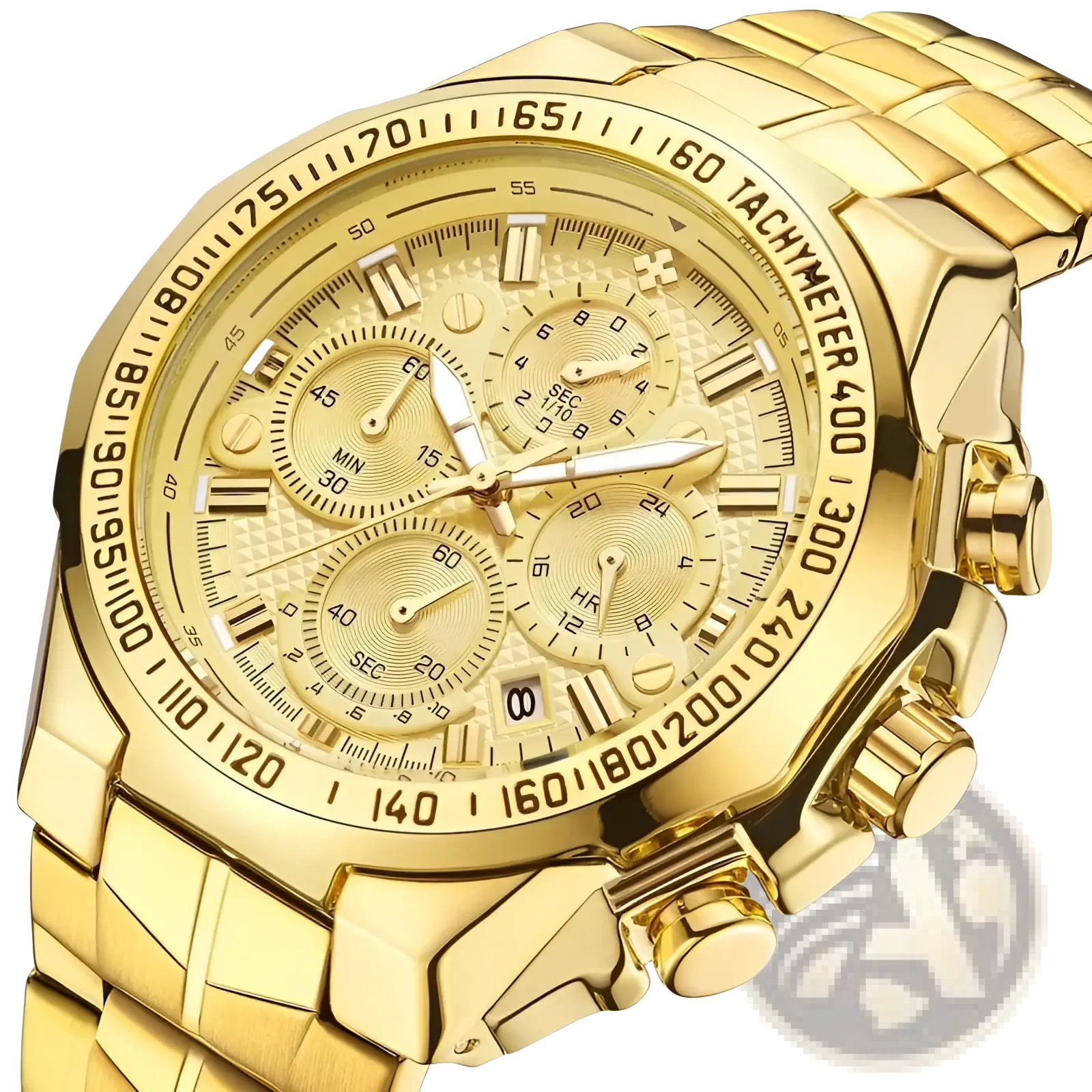 Gold chronograph watch men stainless steel luxury timepiece with gold-tone case textured dial three subdials tachymeter bezel