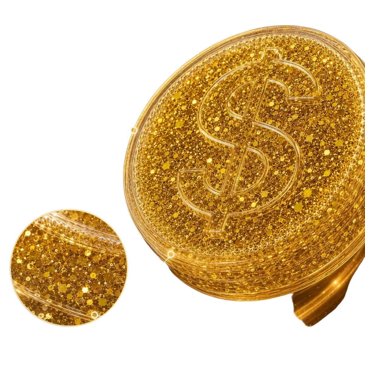 A clear circular gold coin squishy toy filled with sparkling golden glitter and a transparent dollar sign design