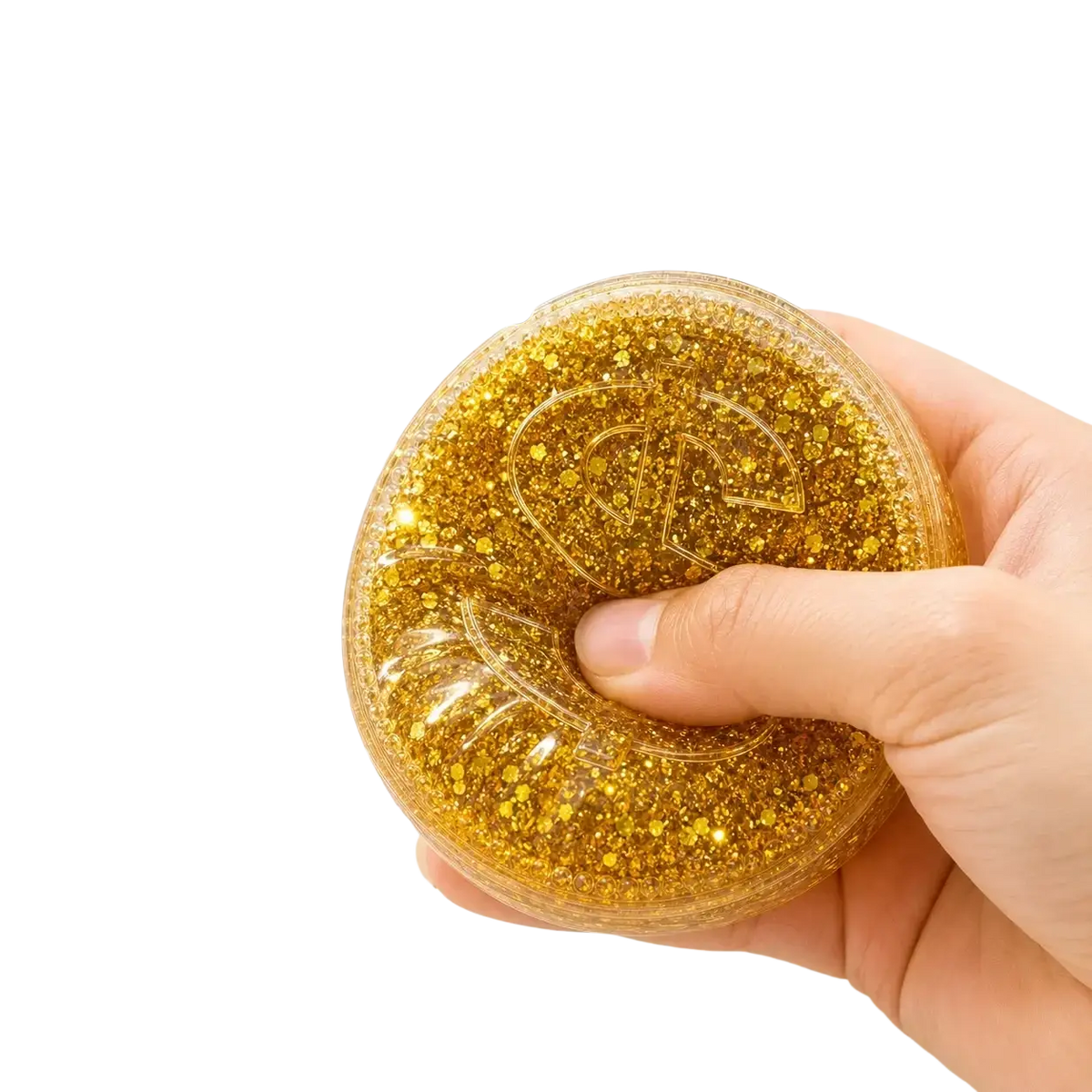 Gold coin squishy toy glitter stress relief fidget ball filled with gold glitter in clear plastic casing with embossed design