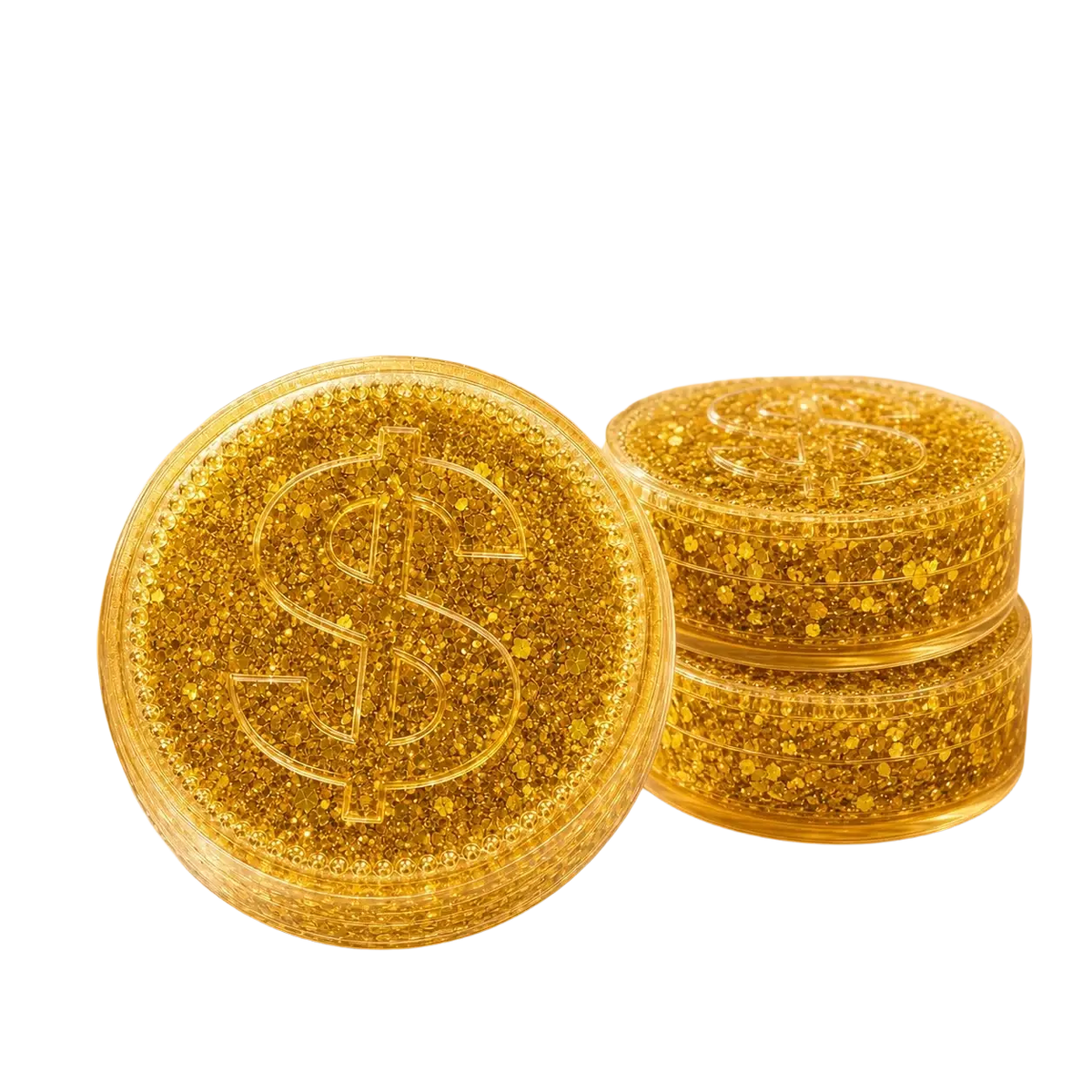 Gold coin squishy toy filled with golden glitter featuring a dollar sign design for stress relief and fidget use