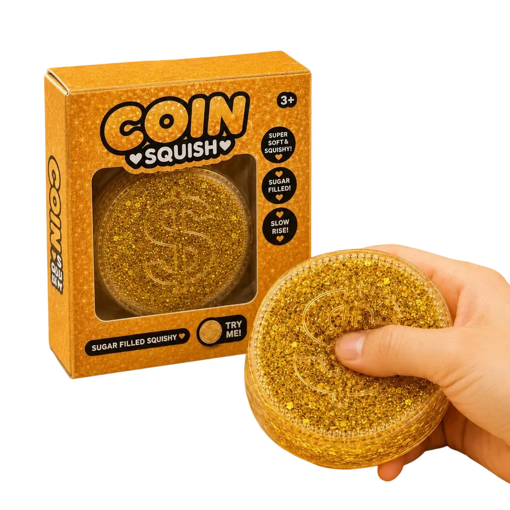 Gold coin squishy toy filled with golden glitter featuring a transparent circular design and embossed dollar sign for stress relief