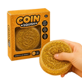 Gold coin squishy toy filled with golden glitter featuring a transparent circular design and embossed dollar sign for stress relief