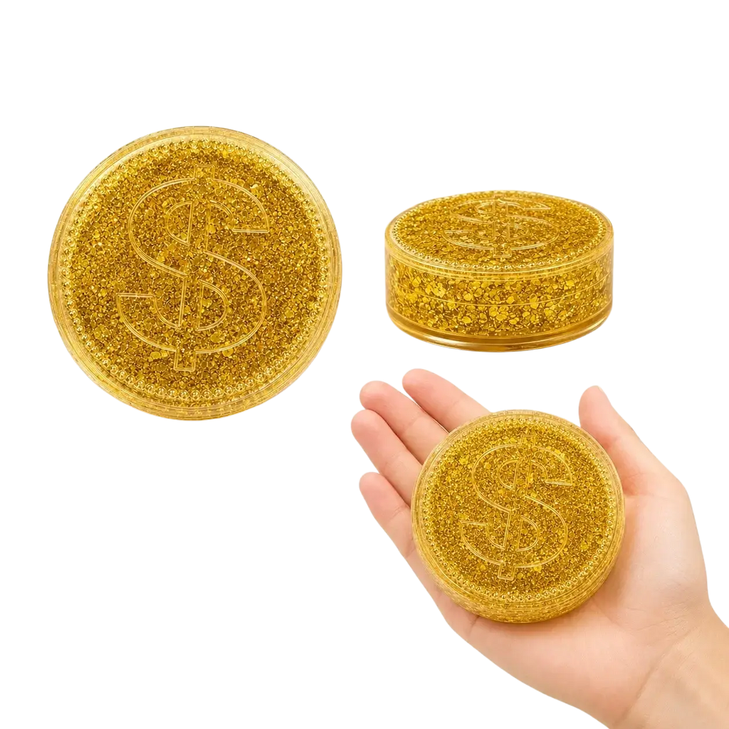 Gold coin squishy toy glitter stress relief fidget with golden glittery dollar coin shape and translucent plastic finish