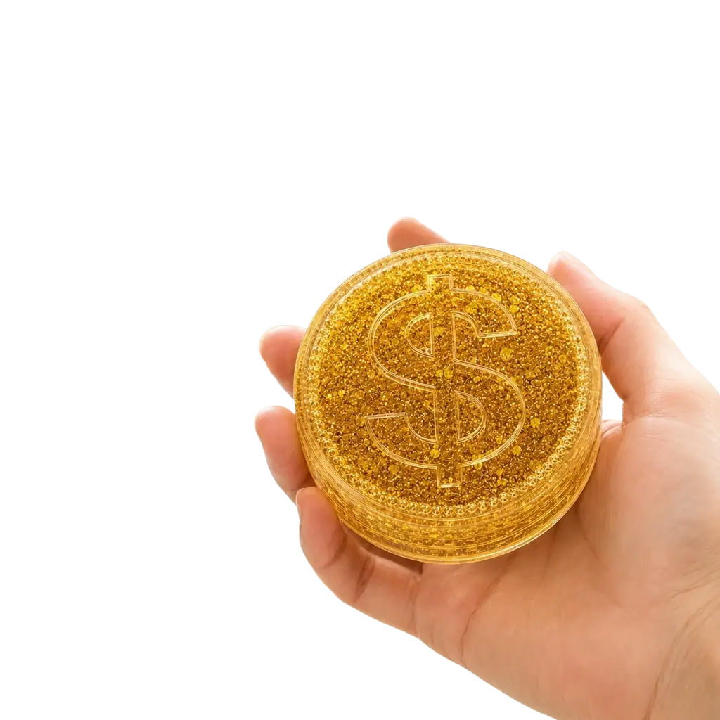 Hand holding a gold coin squishy toy glitter stress relief fidget ball made of soft glittery material