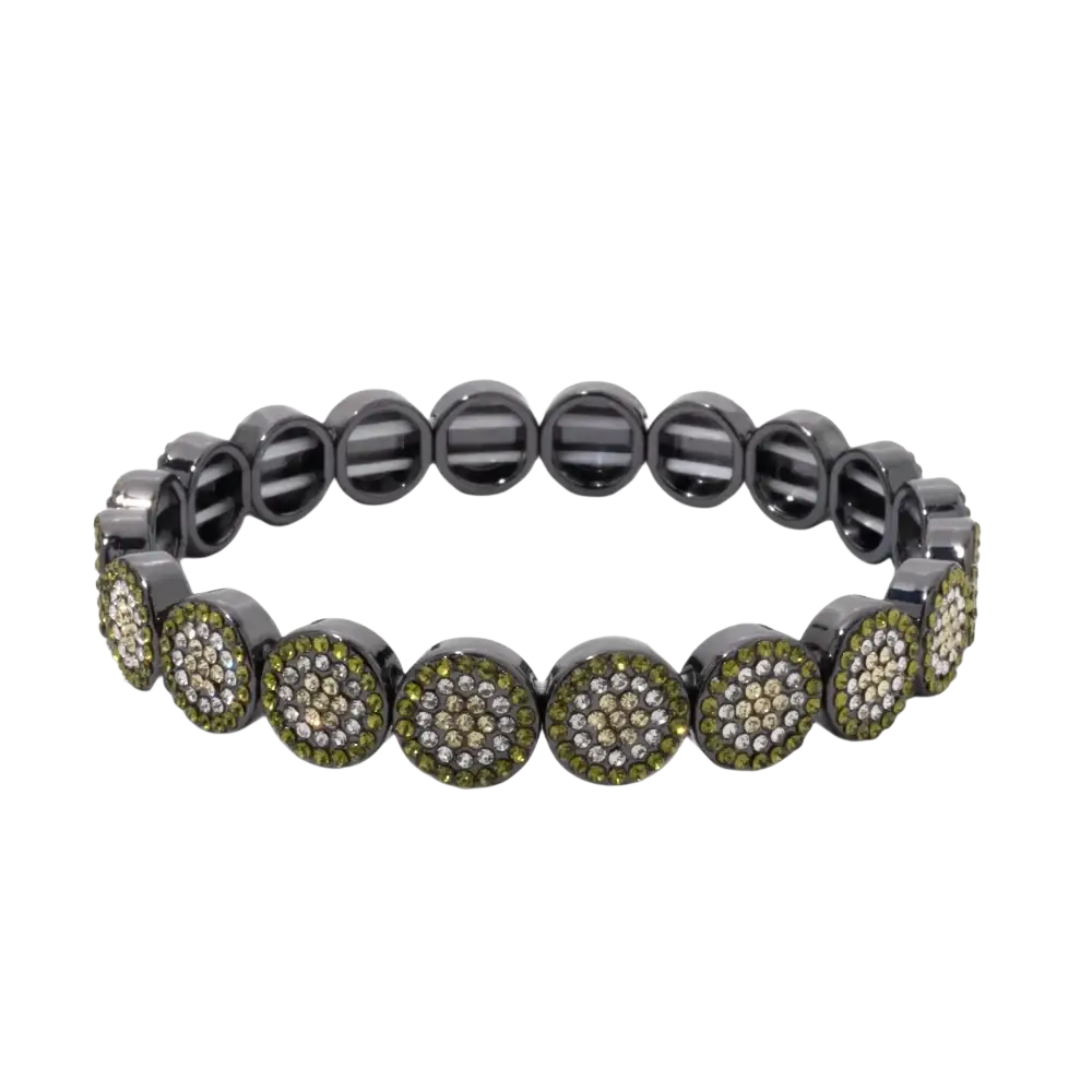 Black ceramic bangle style bracelet with gold color zinc alloy and green clear pavé-set crystal segments