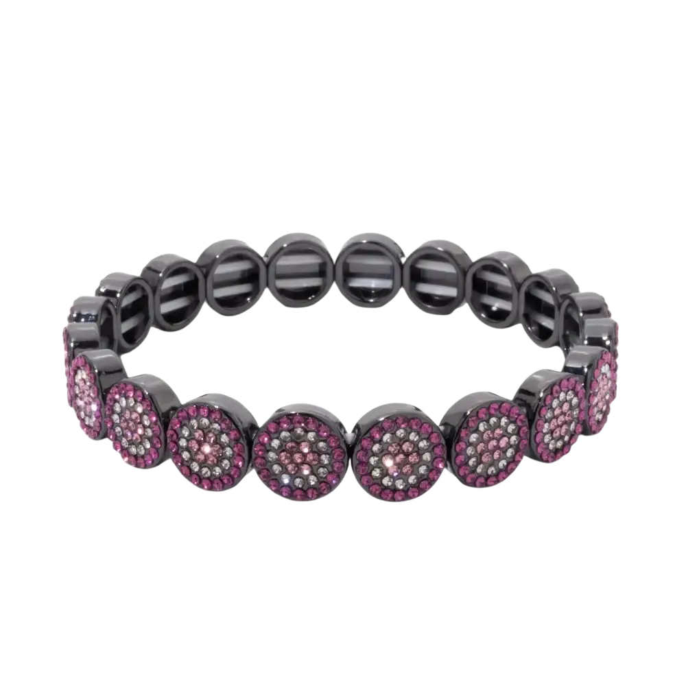 Black elastic bangle style bracelet with gold color zinc alloy and circular clusters of pink and clear crystals