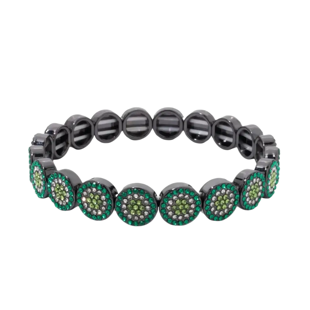 Black elastic bangle style crystal bracelet with gold color zinc alloy and green and clear crystal clusters
