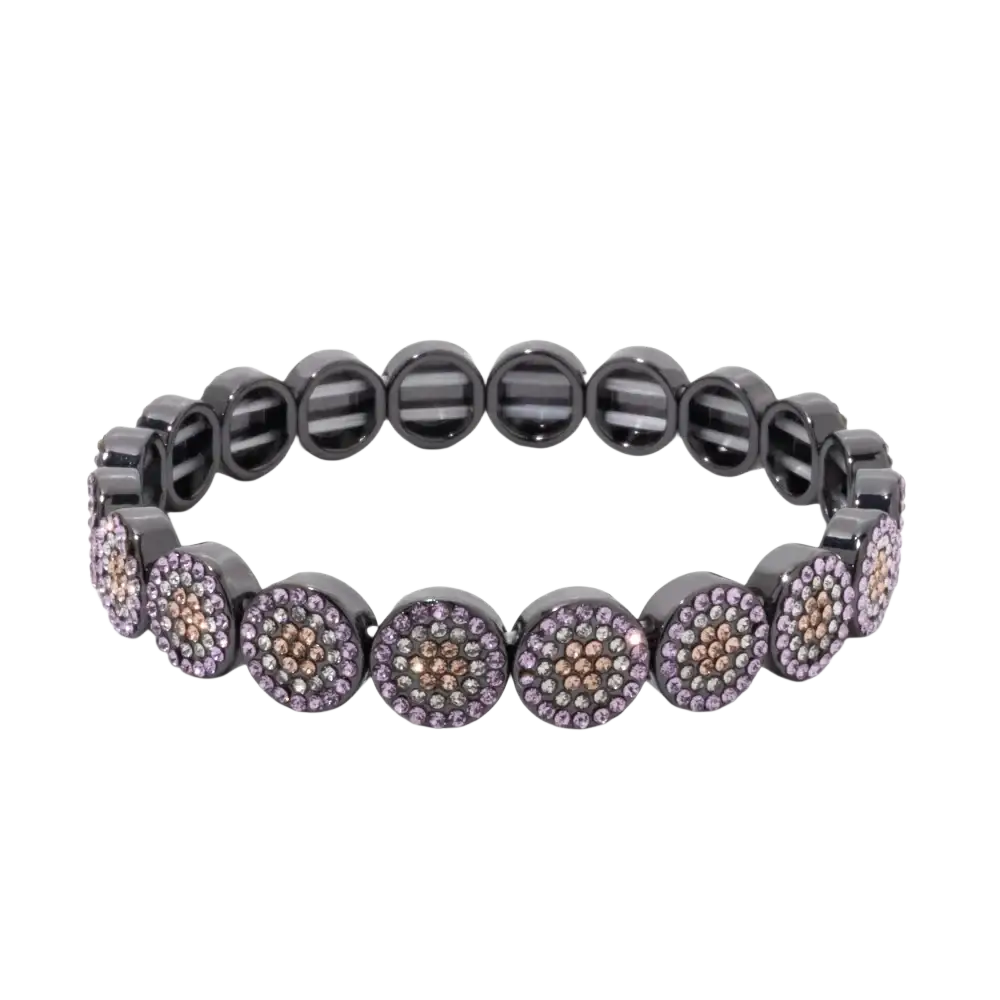Black elastic bangle style crystal bracelet with gold color zinc alloy featuring purple and brown-toned crystals