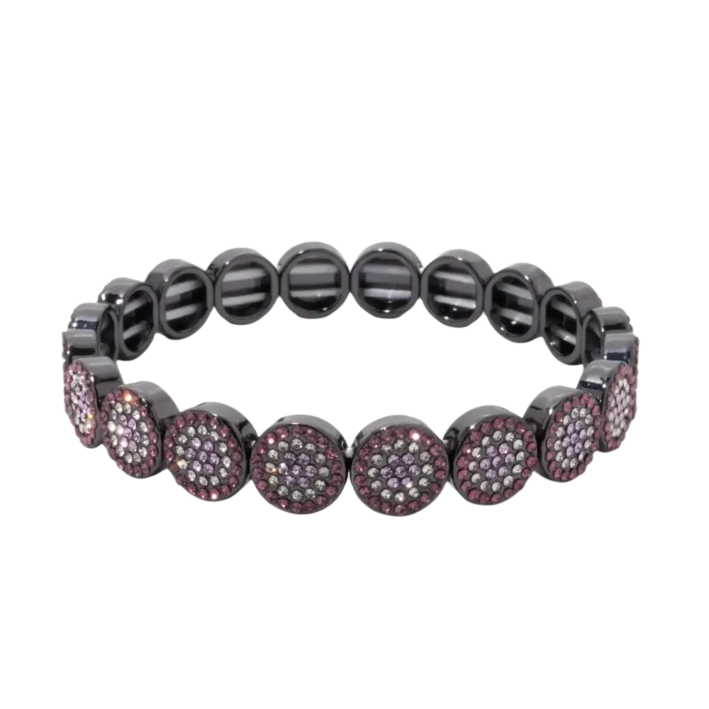 Black elastic bangle style bracelet with gold color zinc alloy featuring purple and clear rhinestone crystals