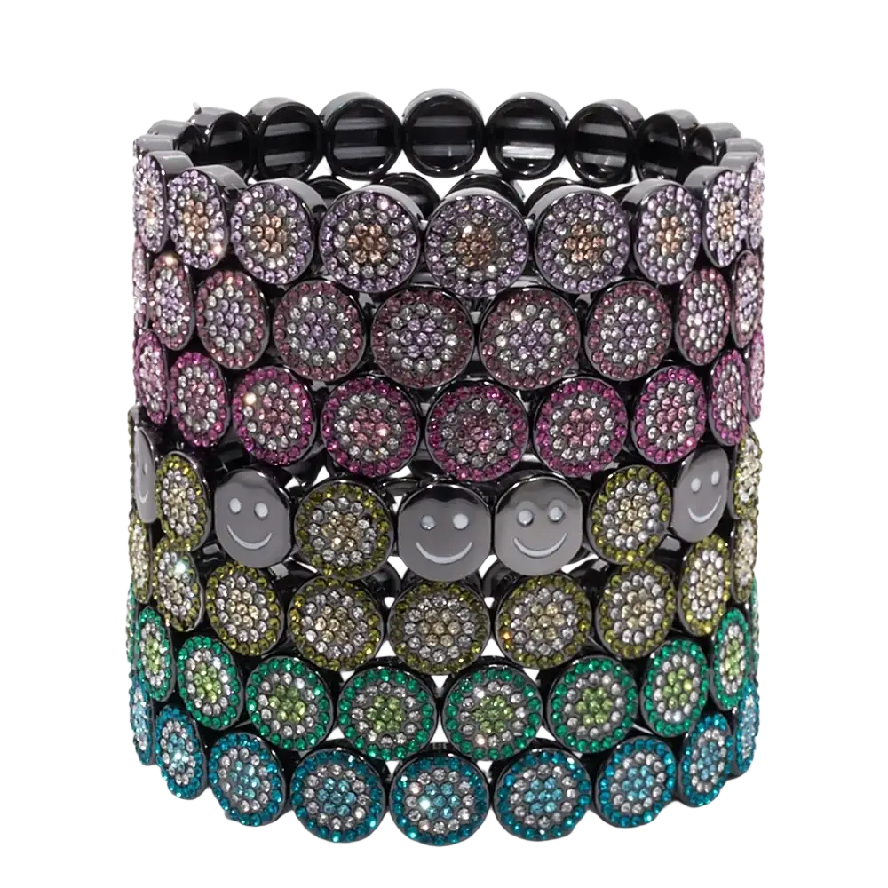 Gold color zinc alloy bangle style crystal bracelet with multi-layered pave-set crystals and smiling face charms
