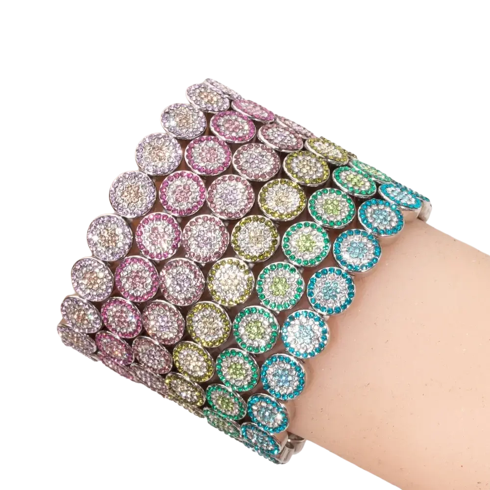 Gold color zinc alloy bangle style bracelet with multi-layered rainbow circular segments and sparkling rhinestones
