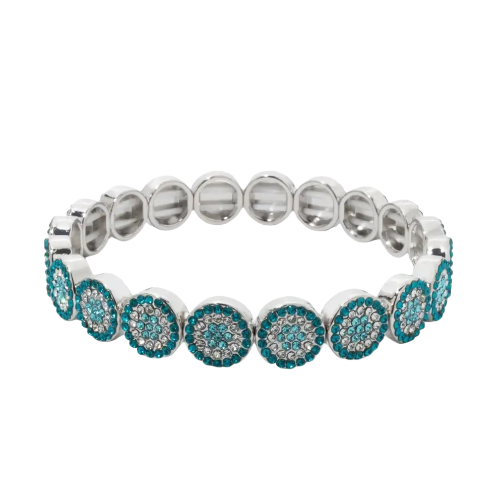 Silver-toned stretchy bangle style bracelet with turquoise and clear rhinestones made of gold color zinc alloy