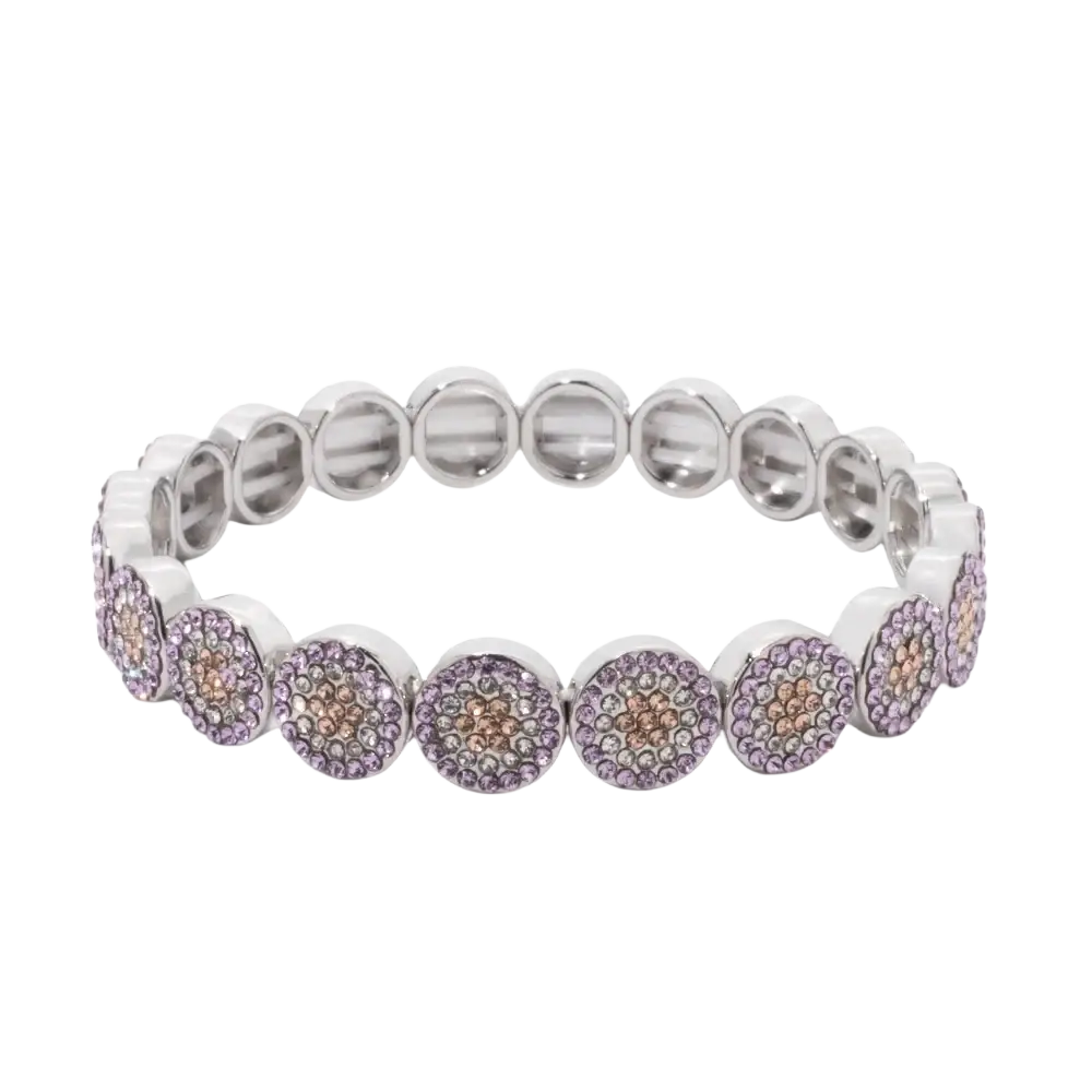 A silver-toned zinc alloy bangle style crystal bracelet with lavender and rose gold pave-set stones in gold color accents