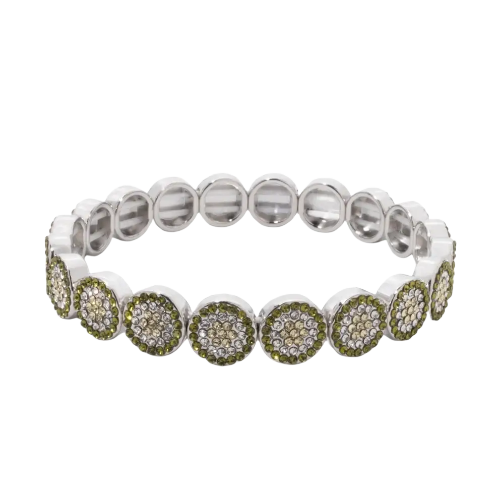 Silver-toned bangle style stretch bracelet with green and clear rhinestones made of gold color zinc alloy