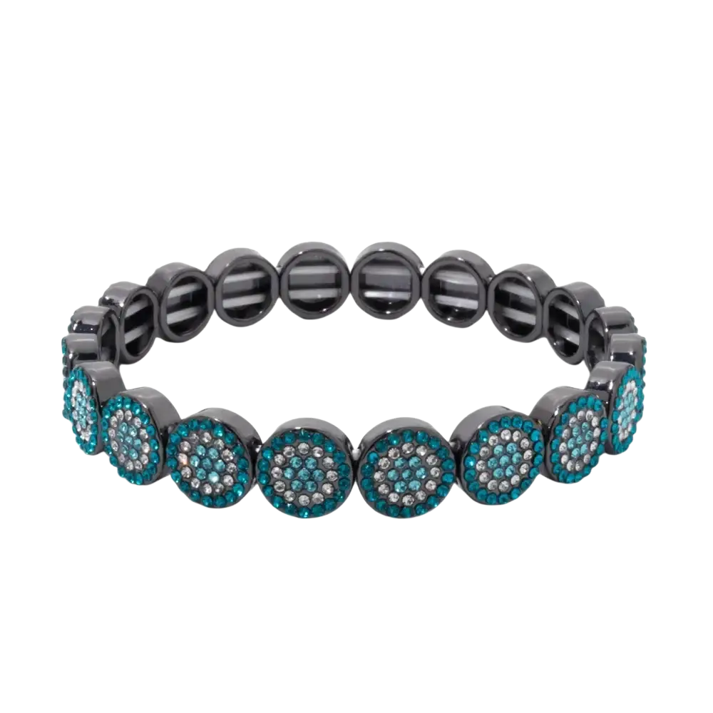 A sleek black elastic bangle style bracelet with gold color zinc alloy and turquoise crystal clusters