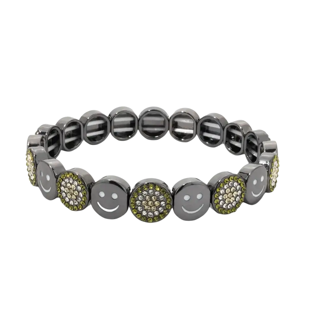 A sleek black metal zinc alloy bangle style bracelet with gold color smiley face charms and rhinestone beads